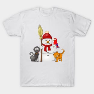 snowman with cat, dog and parrot T-Shirt